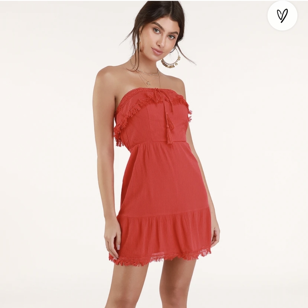 Lulu's Oceanview red crochet strapless dress